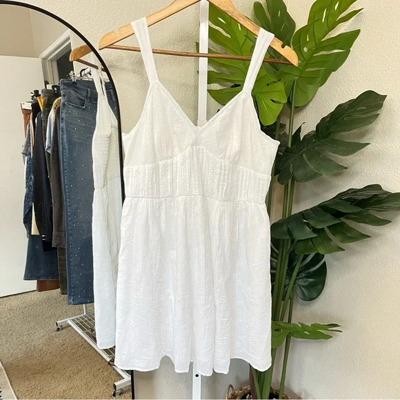 American Eagle Outfitters | Dresses | American Eagle White Smocked Babydoll  Dress Sz M Eyelet Cotton Midi | Poshmark